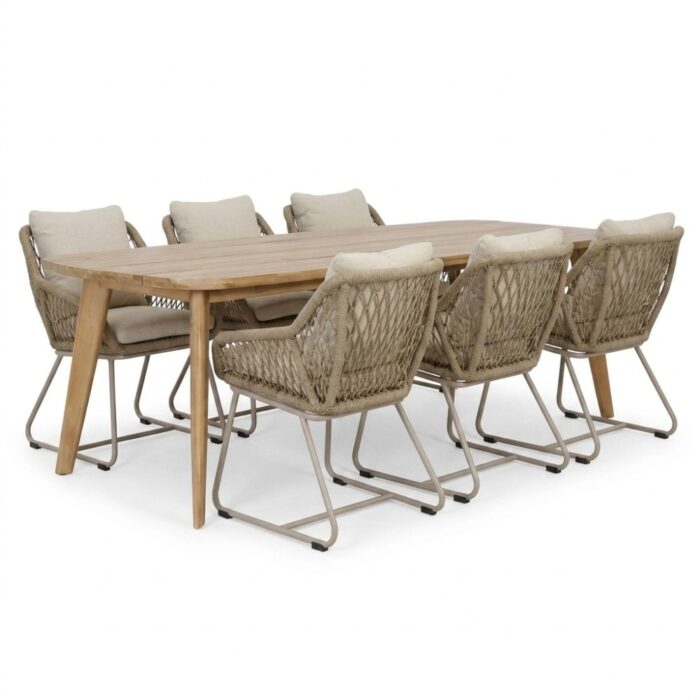 BUITEN living Rixos/Portofino Sandstone dining tuinset | 6 personen | hardhout + touw | 220cm – Taupe – Naturel – Bruin, Beige
