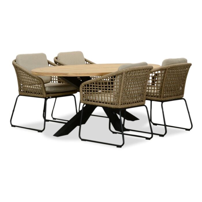 LUX outdoor living Cleve/Tulum Sahara Dust dining tuinset | 4 personen | teakhout + touw | 200cm ovaal – Zand