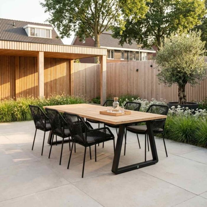 LUX outdoor living Elena/Seville zwart dining tuinset | 6 personen | teakhout + touw | 240cm – Grijs