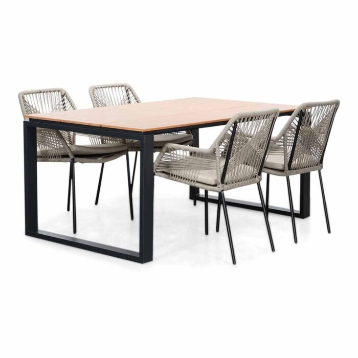 LUX outdoor living Helsinki Natural/Seville zand dining tuinset | 4 personen | polywood + touw | 160cm – Light Teak, Zwart