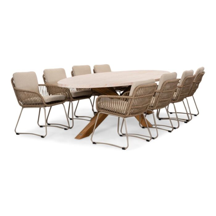 BUITEN living Lorento/Harper Sandstone dining tuinset | 8 personen | travertin + touw | 280cm – Zand