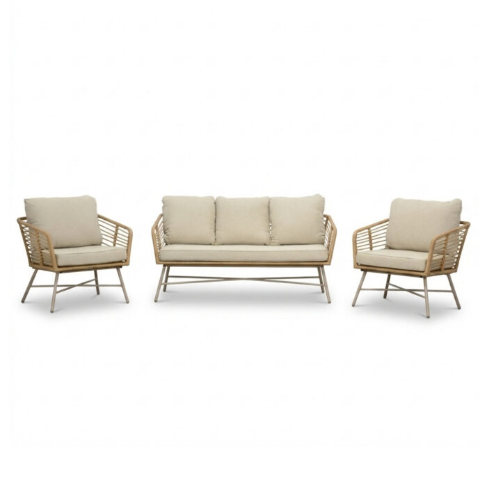 BUITEN living Flow stoel-bank loungeset 5 personen | wicker + aluminium | Bamboo beige | 3-delig