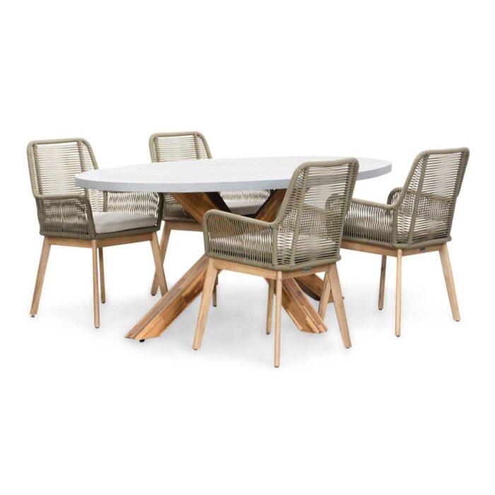 BUITEN living Livorno/Padua olijfgroen dining tuinset | 4 personen | betonlook + touw | 200cm ovaal – Light Teak, Olijfgroen, Betonlook