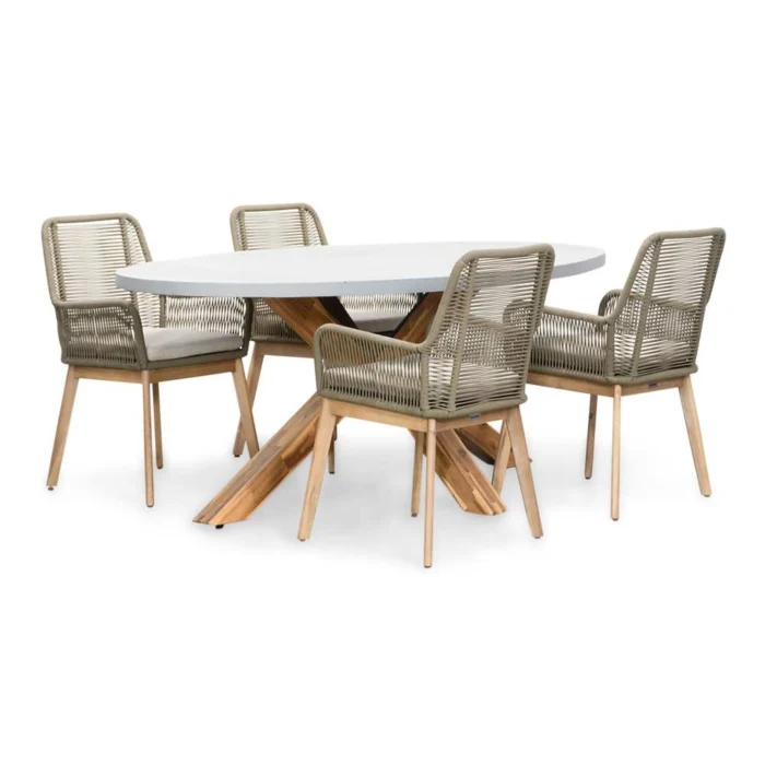 BUITEN living Livorno/Padua olijfgroen dining tuinset | 4 personen | betonlook + touw | 200cm ovaal - Light Teak, Olijfgroen, Betonlook