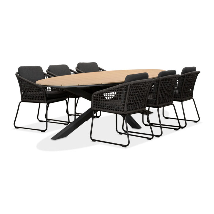 LUX outdoor living Dallas antraciet/Tulum Lava Grey dining tuinset | 6 personen | polywood + touw | 220cm – Grijs