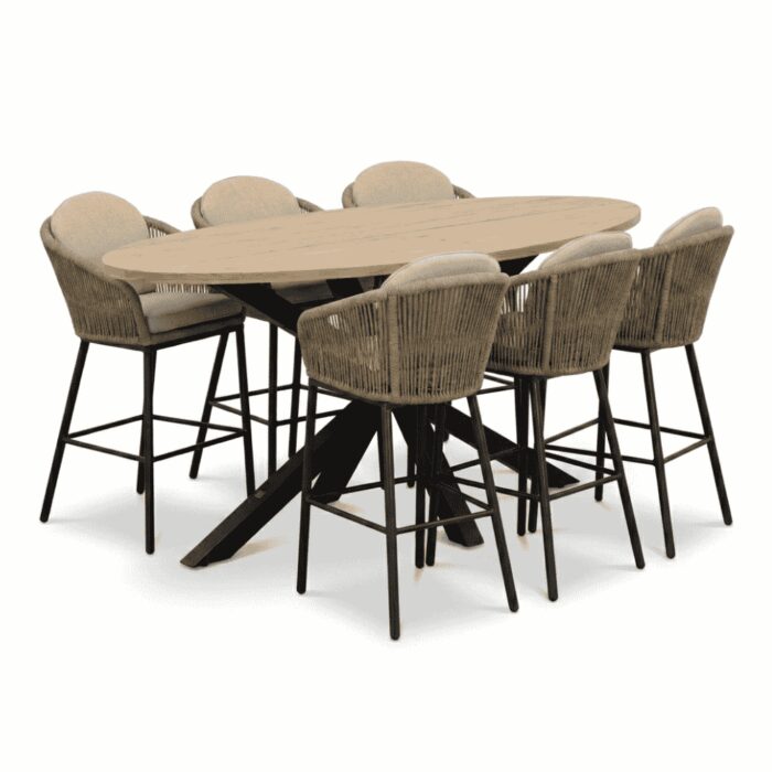 LUX outdoor living Cleve antraciet/Mara Sahara Dust dining barset | 6 personen | teakhout + touw | 240cm