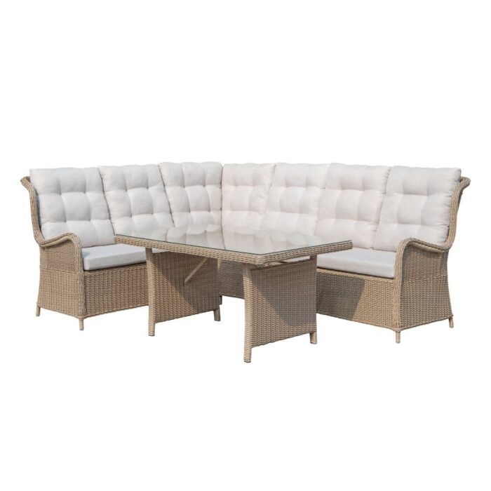 Denza Furniture Glasgow dining loungeset 6 personen | wicker | Royal Sand | 5-delig 258x202cm – Taupe – Naturel – Bruin, Wit