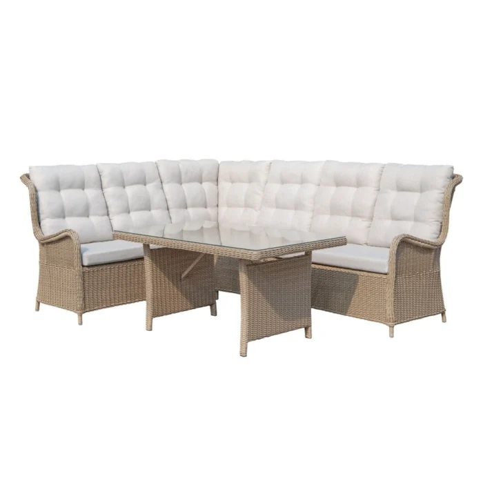 Denza Furniture Glasgow dining loungeset 6 personen | wicker | Royal Sand | 5-delig 258x202cm - Taupe - Naturel - Bruin, Wit