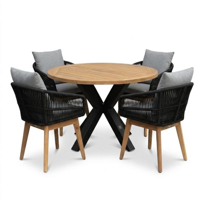 LUX outdoor living Cleve/Bella zwart dining tuinset | 4 personen | teakhout + touw | 120cm rond