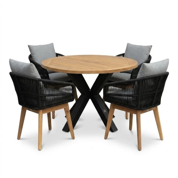 LUX outdoor living Cleve/Bella zwart dining tuinset | 4 personen | teakhout + touw | 120cm rond