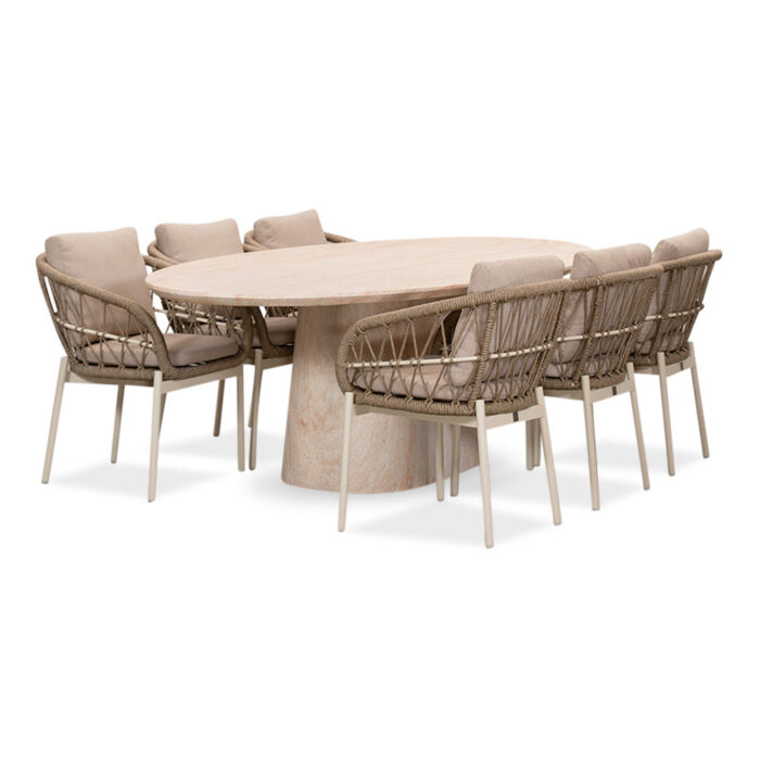 BUITEN living Max/Dakota beige/wit dining tuinset | 6 personen | travertin + touw | 240cm ovaal