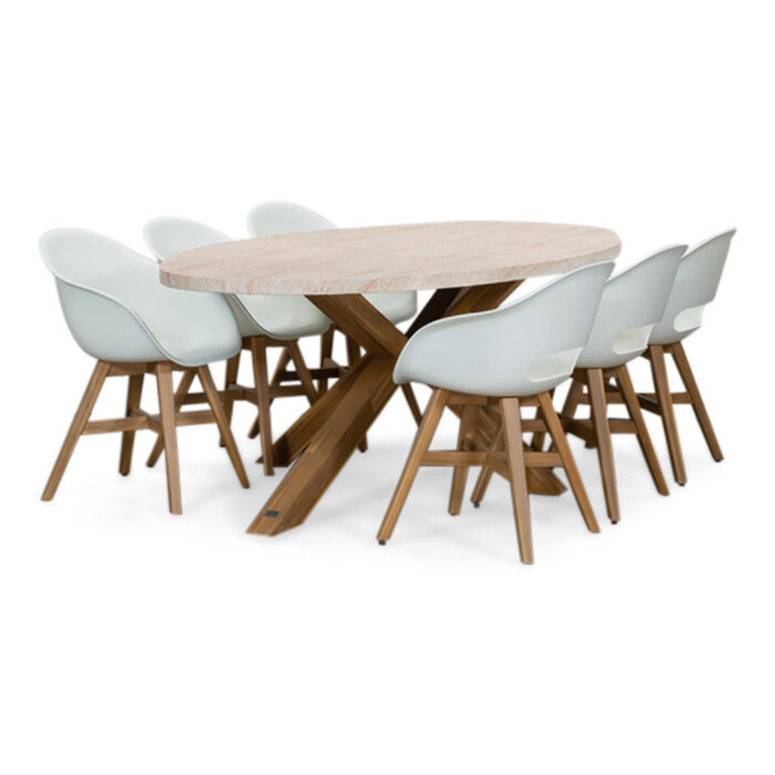 BUITEN living Lorento/Karlstad wit dining tuinset | 6 personen | travertin + hardhout | 240cm