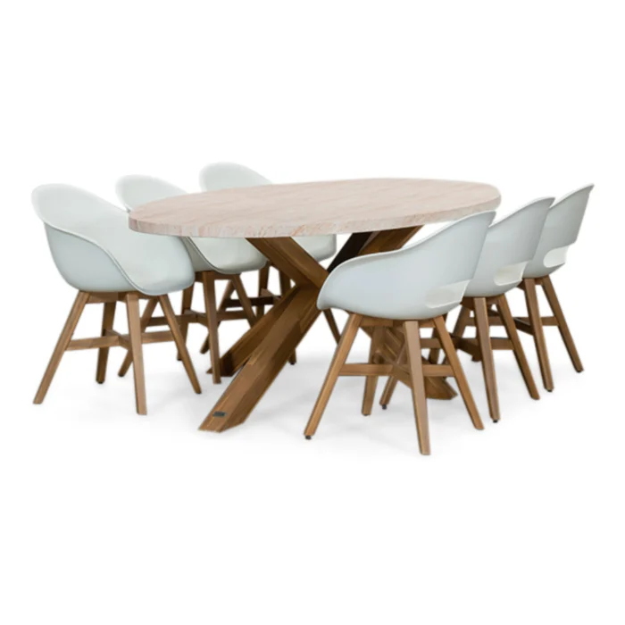 BUITEN living Lorento/Karlstad wit dining tuinset | 6 personen | travertin + hardhout | 240cm