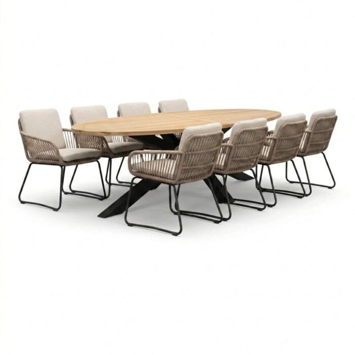 LUX outdoor living Cleve antraciet/Harper Sahara Dust dining tuinset | 8 personen | teakhout + touw | 280cm ovaal