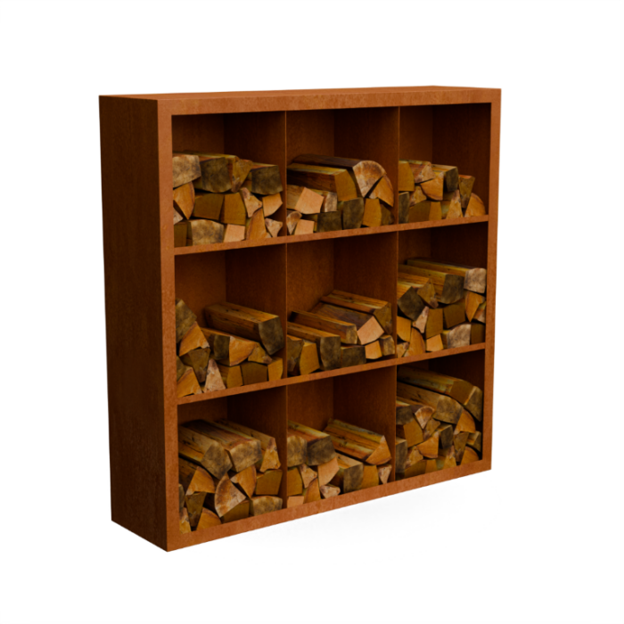 Geroba Egura cortenstaal Houtopslag 9 vakken met achterwand L150 x B38,5 x H150 cm – bruin