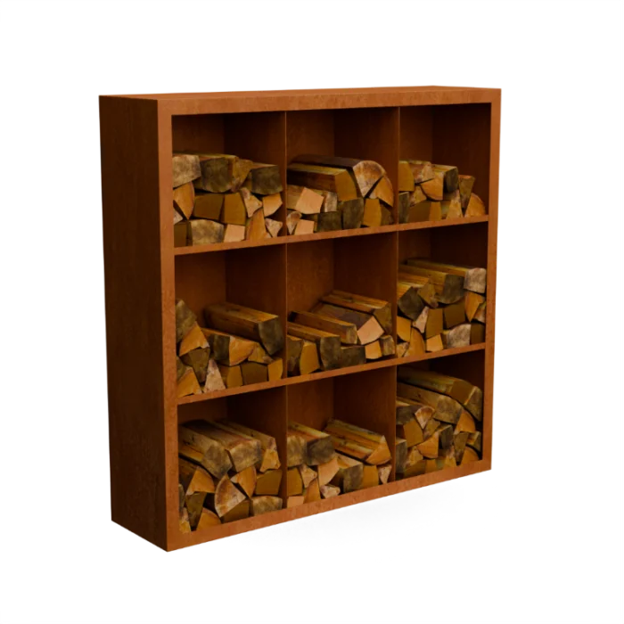 Geroba Egura cortenstaal Houtopslag 9 vakken met achterwand L150 x B38,5 x H150 cm - bruin