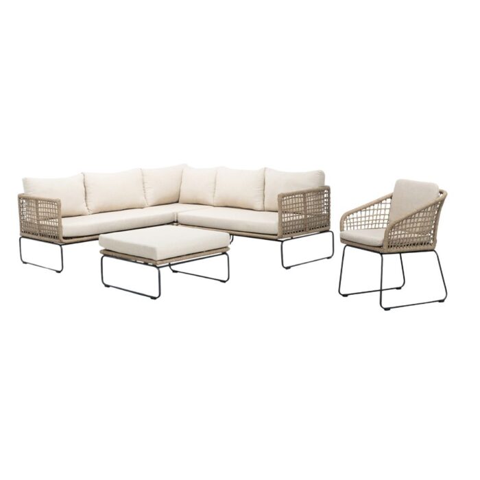 BUITEN living Tulum hoek loungeset met stoel 6 personen | rvs + touw | Sahara Dust | 5-delig 211x211cm