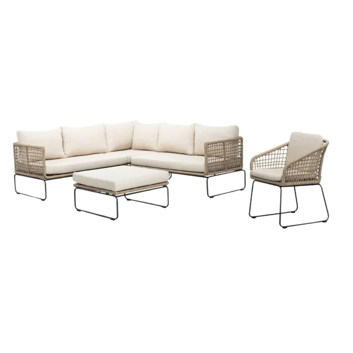 BUITEN living Tulum hoek loungeset met stoel 6 personen | rvs + touw | Sahara Dust | 5-delig 211x211cm