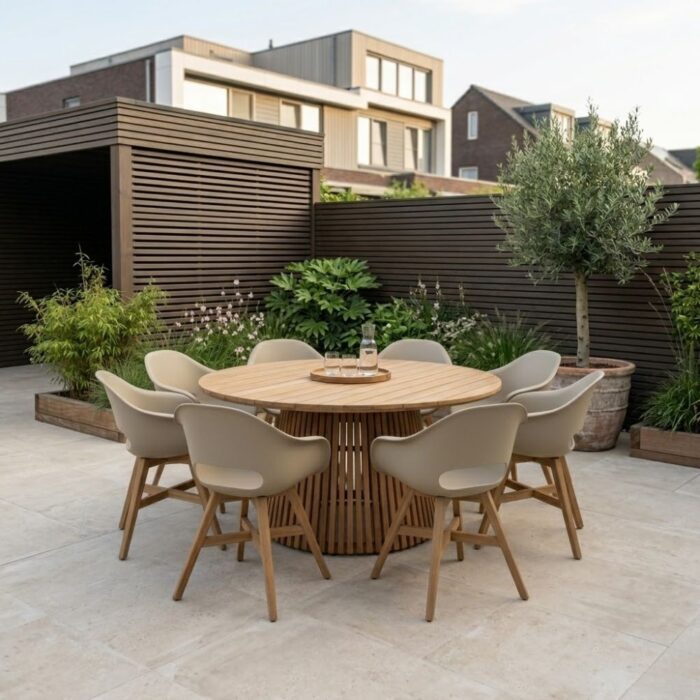BUITEN living Palau/Karlstad beige dining tuinset | 8 personen | teakhout + kunststof | 180cm rond