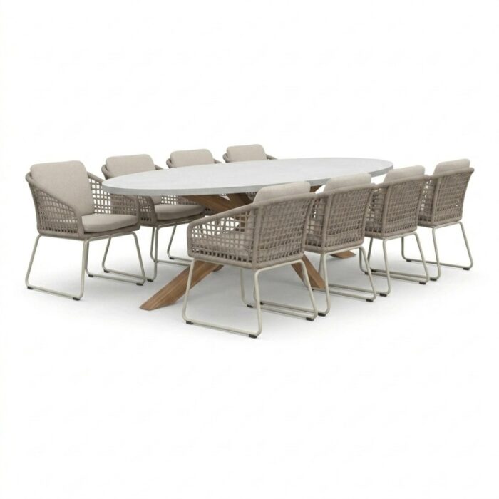 BUITEN living Livorno/Tulum Almond Beige dining tuinset | 8 personen | polystone + touw | 280cm