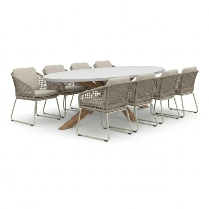 BUITEN living Livorno/Tulum Almond Beige dining tuinset | 8 personen | polystone + touw | 280cm
