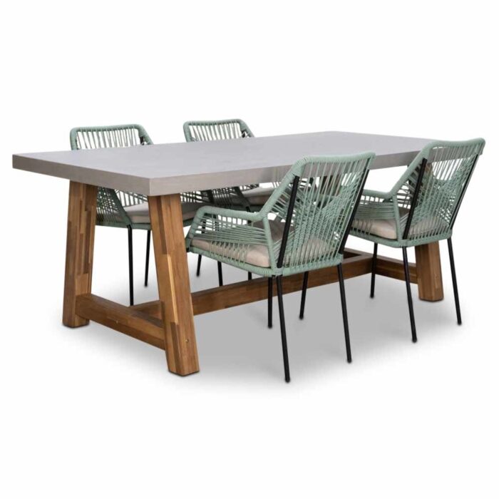 BUITEN living Veltis/Seville mint dining tuinset | 4 personen | betonlook + touw | 200cm – Light Teak, Betonlook, Zwart, Mint