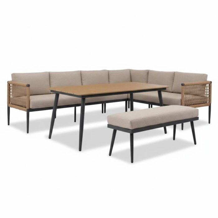 BUITEN living Liana dining loungeset rechts 8 personen | wicker + aluminium | zand | 4-delig 270x193cm – Taupe – Naturel – Bruin, Beige
