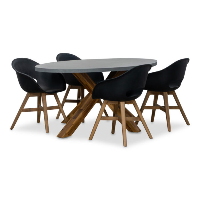 BUITEN living Livorno/Karlstad zwart dining tuinset | 4 personen | betonlook + hardhout | 200cm – Light Teak, Betonlook, Zwart