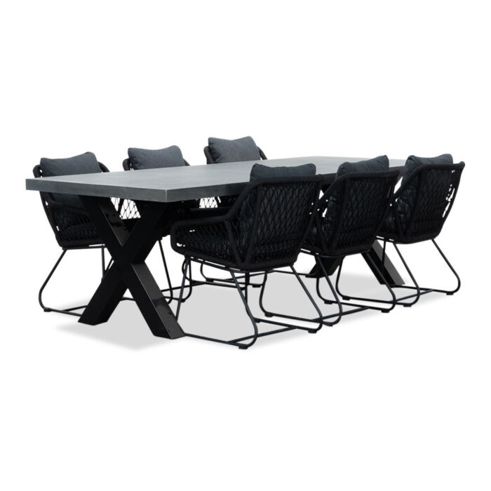 BUITEN living Lyon/Portofino zwart dining tuinset | 6 personen | betonlook + touw | 250cm – Antraciet