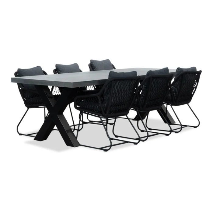 BUITEN living Lyon/Portofino zwart dining tuinset | 6 personen | betonlook + touw | 250cm - Antraciet