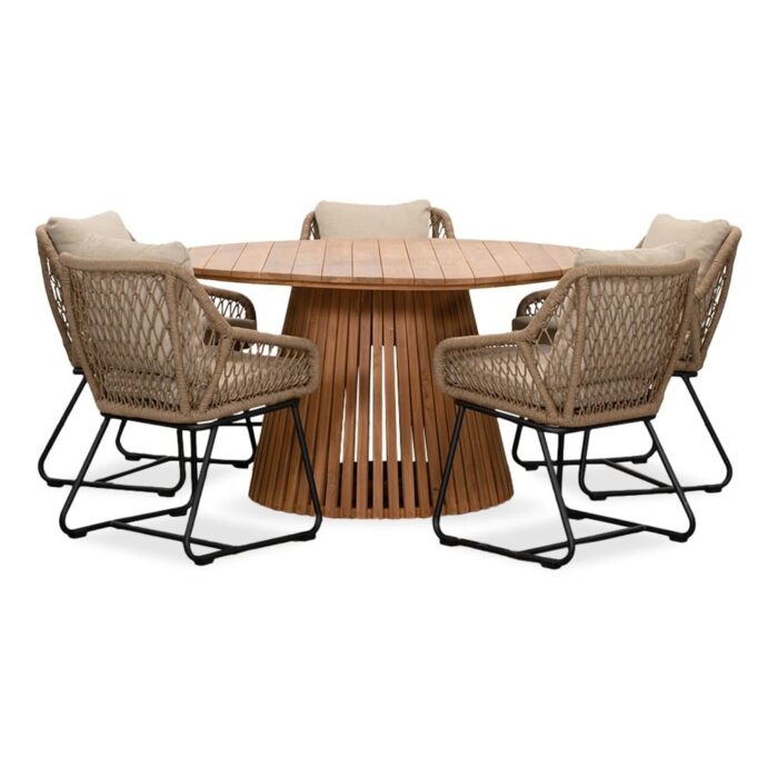 BUITEN living Palau/Portofino Sahara Dust dining tuinset | 5 personen | teakhout + touw | 140cm rond – Zand