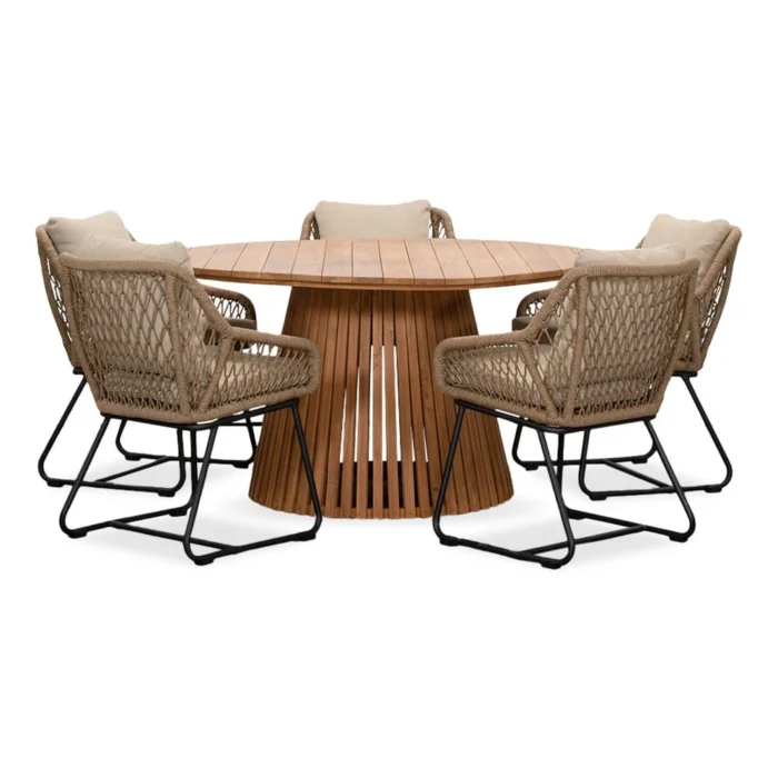 BUITEN living Palau/Portofino Sahara Dust dining tuinset | 5 personen | teakhout + touw | 140cm rond - Zand