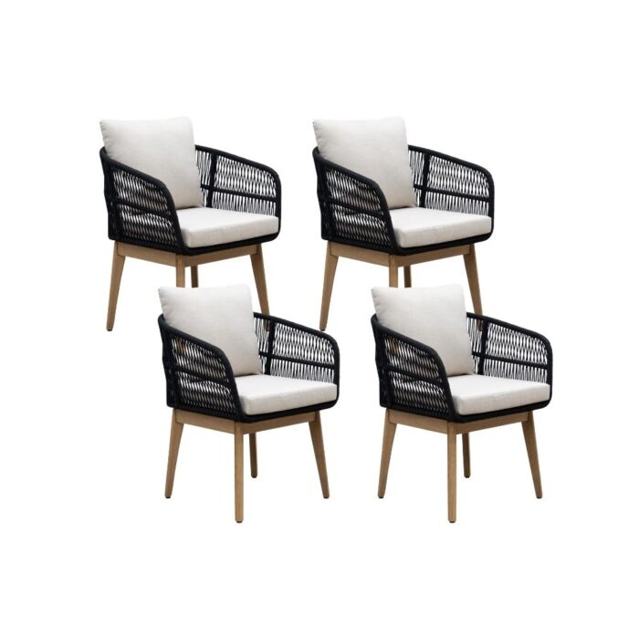BUITEN living Rochefort dining tuinstoel set van 4 | touw + hardhout | zwart