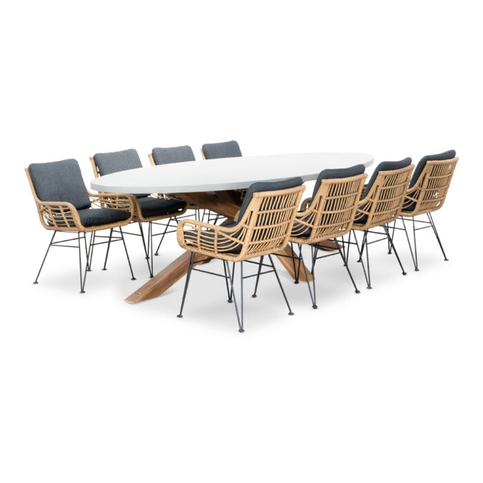 BUITEN living Livorno/Carlos Bamboo antraciet dining tuinset | 8 personen | betonlook + wicker | 280cm – Light Teak, Betonlook, Antraciet