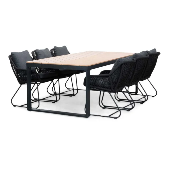 LUX outdoor living Kampa Natural/Portofino zwart dining tuinset | 6 personen | polywood + touw | 210cm - Taupe - Naturel - Bruin, Zwart