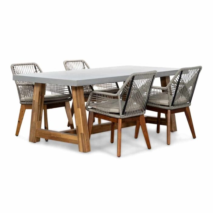 BUITEN living Veltis/Seville zand hout dining tuinset | 4 personen | betonlook + touw | 200cm – Light Teak, Betonlook