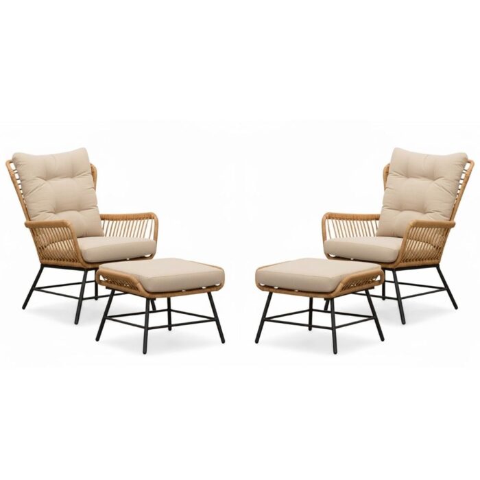 BUITEN living Dex lounge balkonset 2 personen | wicker + aluminium | Bamboo Taupe | 4-delig – Taupe – Naturel – Bruin