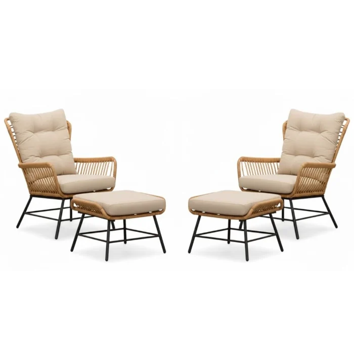BUITEN living Dex lounge balkonset 2 personen | wicker + aluminium | Bamboo Taupe | 4-delig - Taupe - Naturel - Bruin