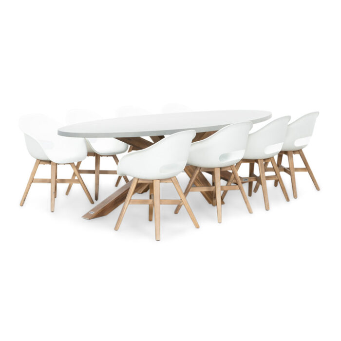 BUITEN living Livorno/Karlstad wit dining tuinset | 8 personen | betonlook + kunststof | 280cm ovaal – Light Teak, Betonlook, Wit