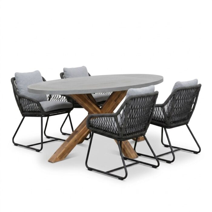 BUITEN living Livorno/Portofino Stone Grey dining tuinset | 4 personen | polystone + touw | 200cm – Betonlook