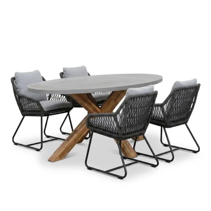 BUITEN living Livorno/Portofino Stone Grey dining tuinset | 4 personen | polystone + touw | 200cm - Betonlook