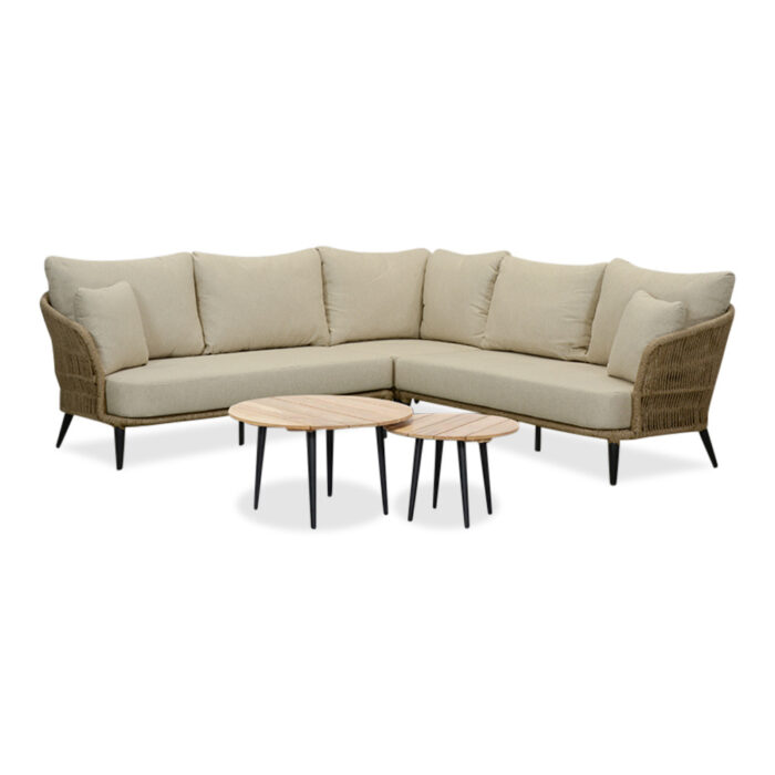 BUITEN living Palermo hoek loungeset met teak tafels 5 personen | aluminium + touw | Sahara Dust | 6-delig 230x230cm – Taupe – Naturel – Bruin