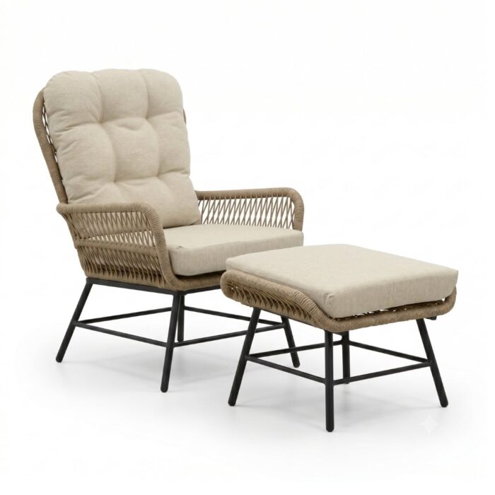 BUITEN living Dex loungestoel tuin met voetenbank | touw + aluminium | Sahara Dust – Zand