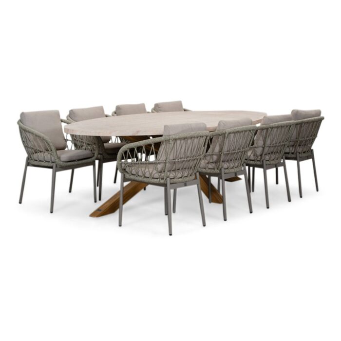 BUITEN living Lorento/Dakota beige dining tuinset | 8 personen | travertin + touw | 280cm – Zand