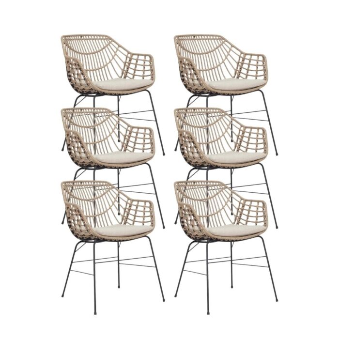 BUITEN living Charlotte dining tuinstoel set van 6 | wicker + staal | Bamboo taupe – Lichtgrijs