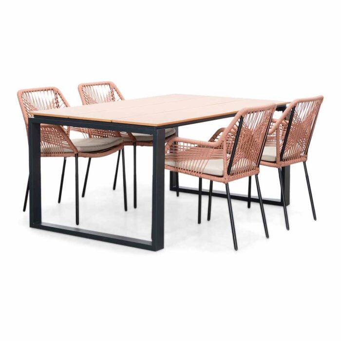 LUX outdoor living Helsinki Natural/Seville terra dining tuinset | 4 personen | polywood + touw | 160cm – Light Teak, Zwart, Rood