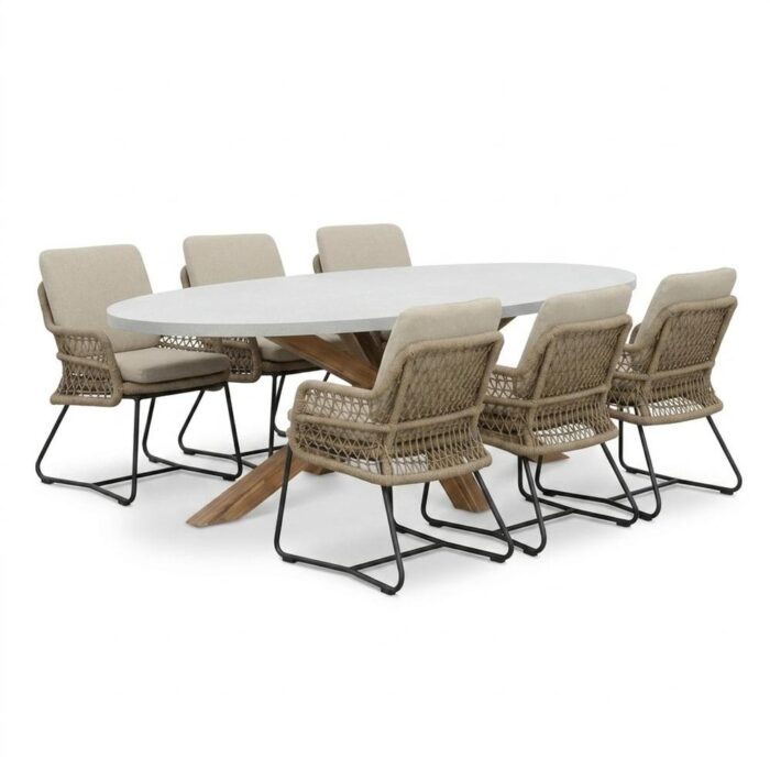 BUITEN living Livorno/Gianna Sahara Dust dining tuinset | 6 personen | polystone + touw | 240cm