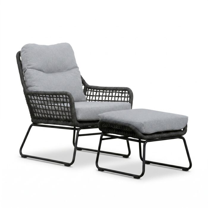 BUITEN living Valencia loungestoel incl. voetenbank | touw + aluminium | Stone Grey
