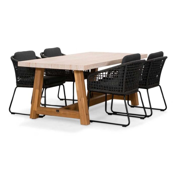 BUITEN living Velora/Tulum Lava Grey dining tuinset | 4 personen | travertin + touw | 200cm – Grijs
