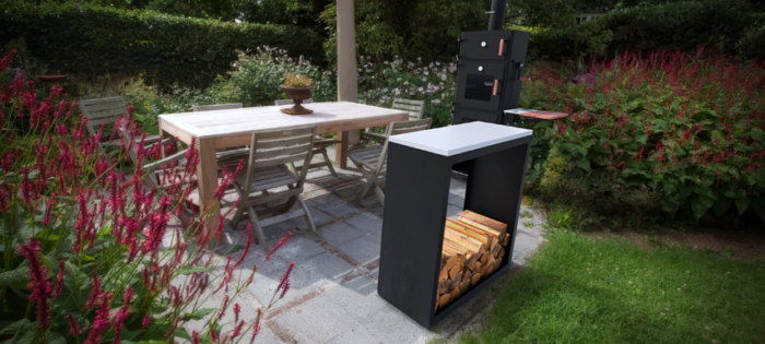 Geroba Beltza Butcher Block Houtopslag zwart L100 x B38,5 x H100 cm wit natuursteen blad